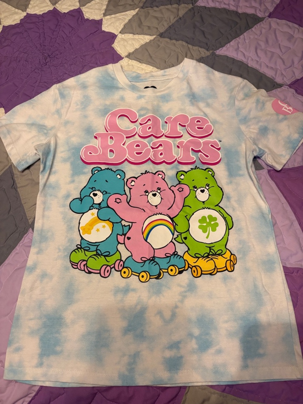 Care Bears Tie-Dye Short Sleeve Tee with Blue Pink Green Bears